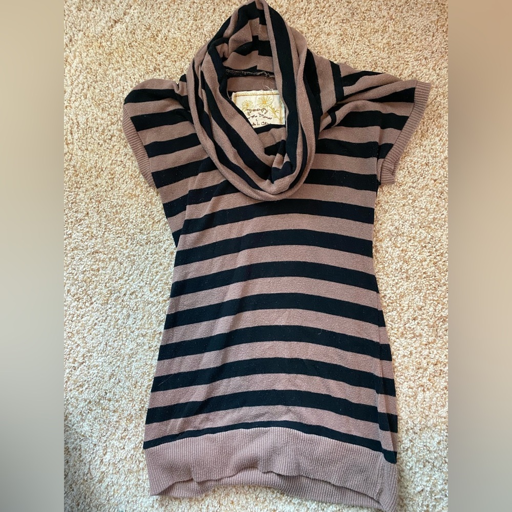 Striped Cowl Neck Sweater - Black and Brown